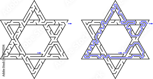 Maze inside the shape of Star of David. Original easy level of difficulty flat black and white labyrinth.