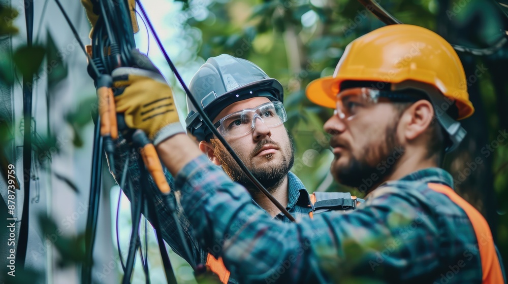 Two linemen working on power lines in a forest Two linemen working on power lines in a forest
