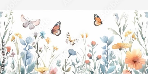 cute watercolor floral border on a white background, with wildflowers and butterflies