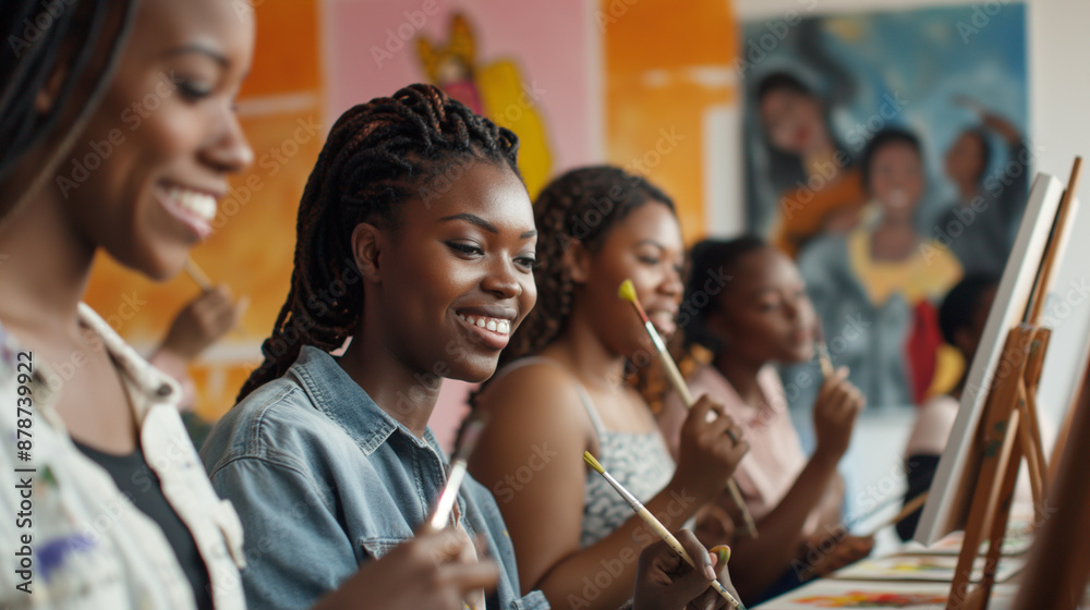 A telephoto angle photo of Black friends painting in an art studio, expressing creativity and sharing smiles, friends talking, Man Woman Adult Portrait, African People, Group of Wo A telephoto angle photo of Black friends painting in an art studio, expressing creativity and sharing smiles, friends talking, Man Woman Adult Portrait, African People, Group of Wo