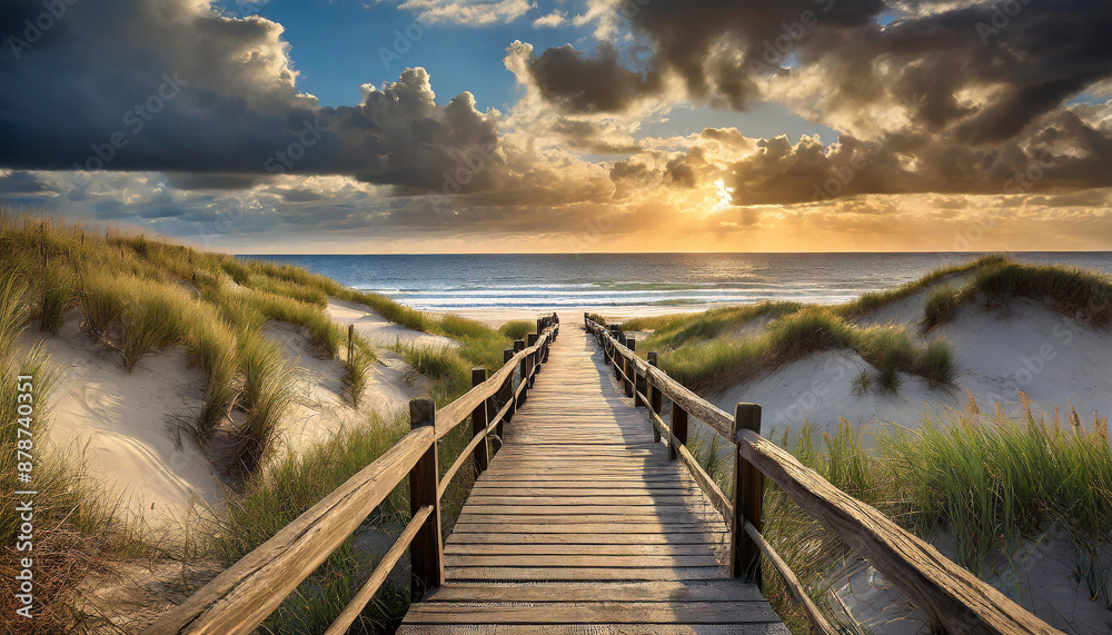 Obraz premium Wooden boardwalk leading through sand dunes to a serene beach under a dramatic and colorful sky.