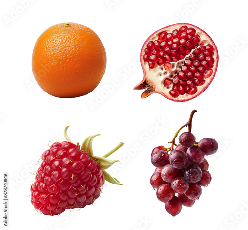 Fruits set isolated transparent background. Including orange, pomegranate, raspberry, and grapes. Clipart for food packaging, recipe book and healthy eating promotion.