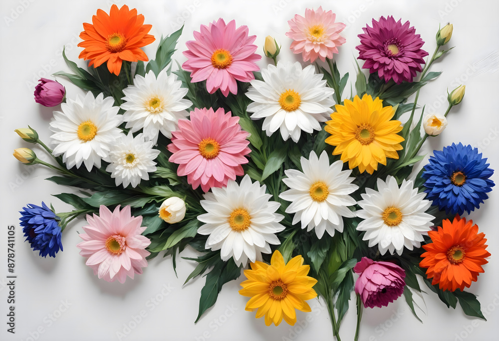 Concept photo of top view of colorful flowers on white background, wallpaper Concept photo of top view of colorful flowers on white background, wallpaper