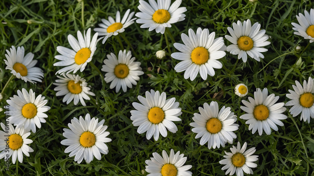 A cluster of beautiful white daisies with bright yellow centers set against a lush green grassy background. A cluster of beautiful white daisies with bright yellow centers set against a lush green grassy background.