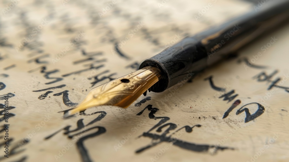 Close up of a gold fountain pen resting on a sheet of handwritten paper Close up of a gold fountain pen resting on a sheet of handwritten paper