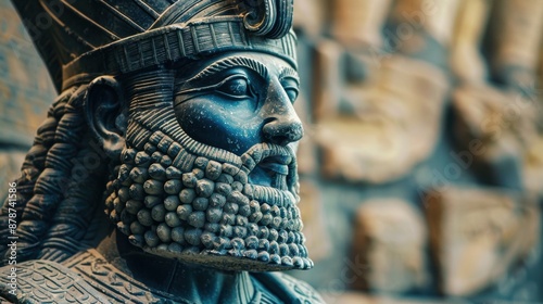 Close up of a stone statue of an ancient mesopotamian king photo