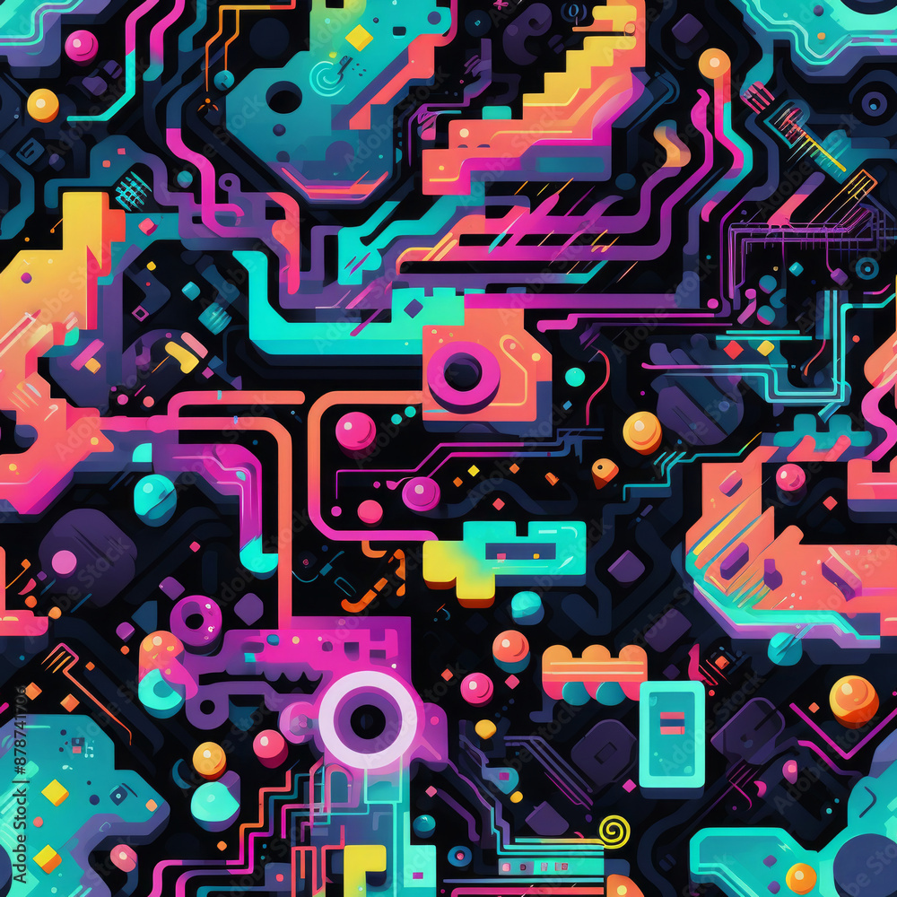 Fototapeta premium A vibrant surreal seamless pattern of colorful squares arranged in a dynamic grid against a black background.