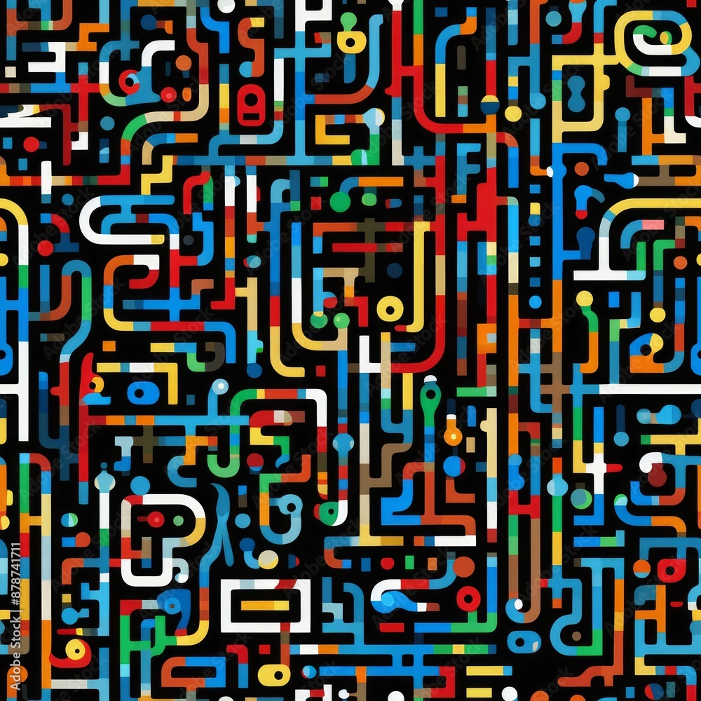 A vibrant surreal seamless pattern of colorful squares arranged in a dynamic grid against a black background. A vibrant surreal seamless pattern of colorful squares arranged in a dynamic grid against a black background.