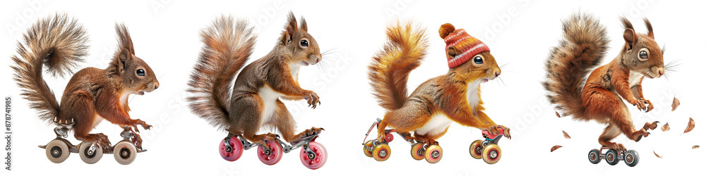 Obraz premium Set of a squirrel roller skating with roller skates on her feet on a transparent background