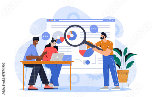 Analytics of company information. Man with magnifying glass and woman analyze graphs and diagrams. Analysts conduct marketing research. Infographics and statistics. Flat vector illustration