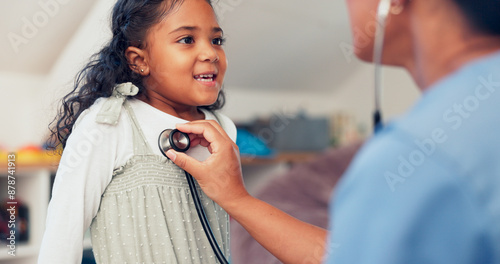 Healthcare, girl and nurse with listening for stethoscope, checkup and heart sound for respiratory condition. Clinic, sick kid and pediatrician with medical equipment, cardiology test and diagnosis