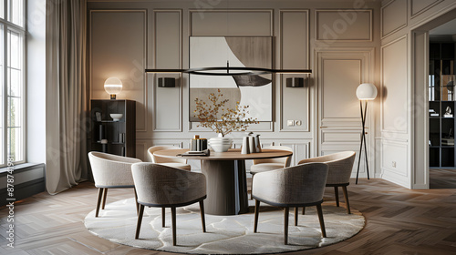 Rustic round table and beige fabric chairs interior for dining room   photo