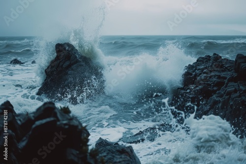 Fototapeta Naklejka Na Ścianę i Meble -  A large wave forcefully collides with the rugged rocks along the ocean shore, creating a dramatic impact, Crashing waves against a rugged shoreline