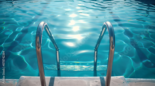 A swimming pool with metal ladder steps, invitingly clear blue water, and shimmering reflections of sunlight, creating a refreshing and tranquil scene.