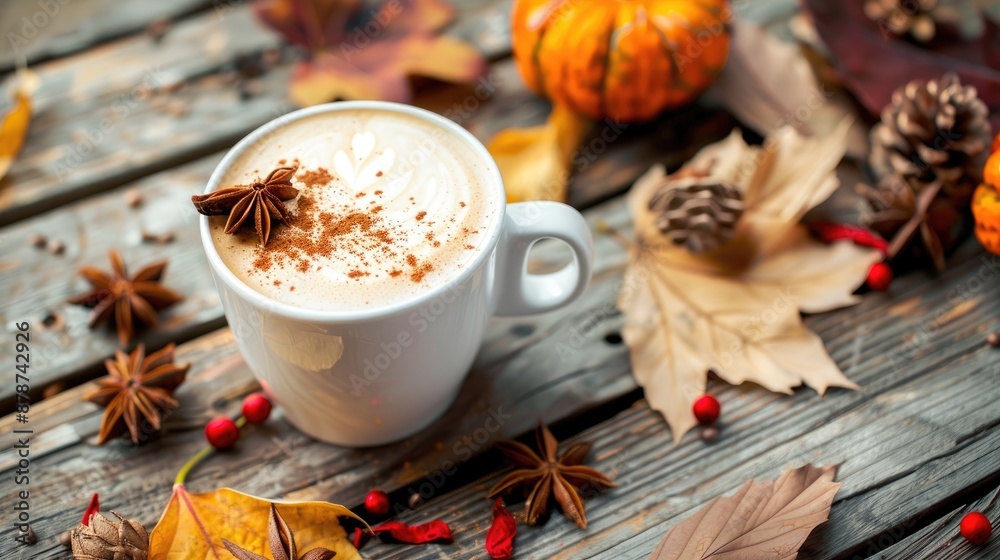 Thanksgiving themed cappuccino with autumn decorations on wooden background Focus on thanksgiving concept Thanksgiving themed cappuccino with autumn decorations on wooden background Focus on thanksgiving concept