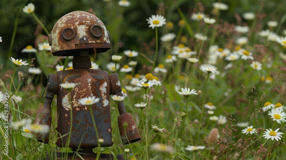 Solitary robot stands in a field of daisies, surrounded by the beauty of nature. Solitary robot stands in a field of daisies, surrounded by the beauty of nature.