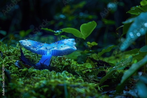 Blue bioluminescent mushroom glowing in forest surrounded by green plants and moss in the dark night concept