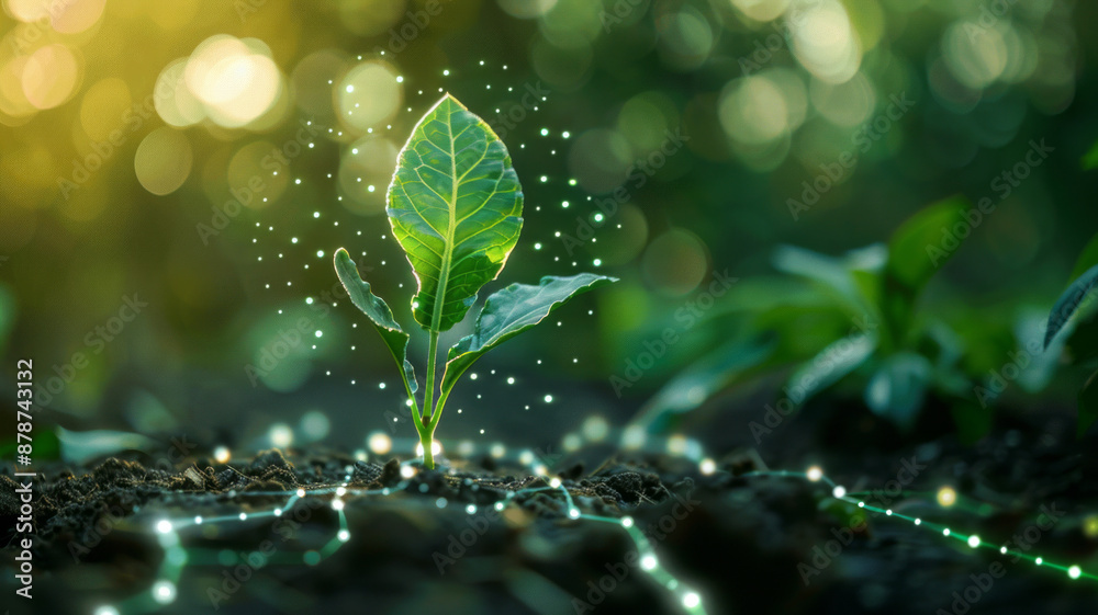 a plant with computer signalling impulses moving from its roots to its leaves.generative ai a plant with computer signalling impulses moving from its roots to its leaves.generative ai