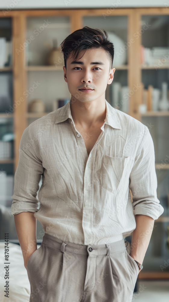 A handsome Chinese literary young man with deep and reflective eyes, wearing a loose cotton and linen shirt and slacks, in a modern officegenerative ai A handsome Chinese literary young man with deep and reflective eyes, wearing a loose cotton and linen shirt and slacks, in a modern officegenerative ai