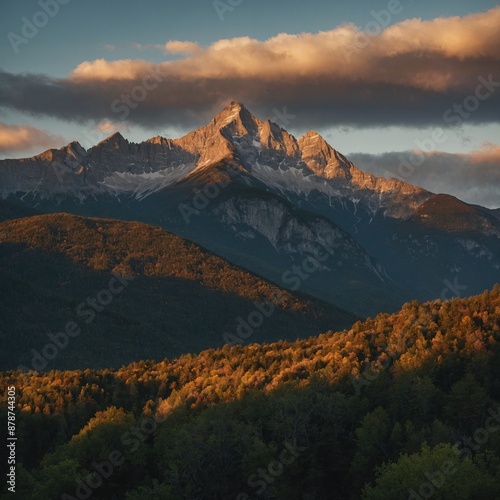 "Mountains at dawn, with the sky gradually lightening and the peaks glowing in the early light."