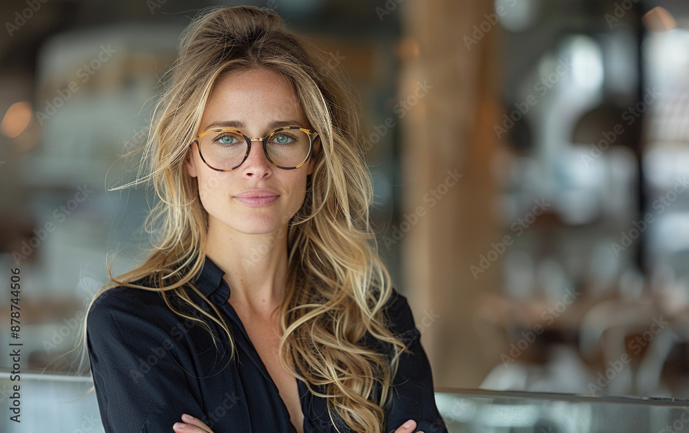 A woman with long blonde hair and glasses is standing in front of a restaurant. She is wearing a black shirt and has her arms crossed A woman with long blonde hair and glasses is standing in front of a restaurant. She is wearing a black shirt and has her arms crossed