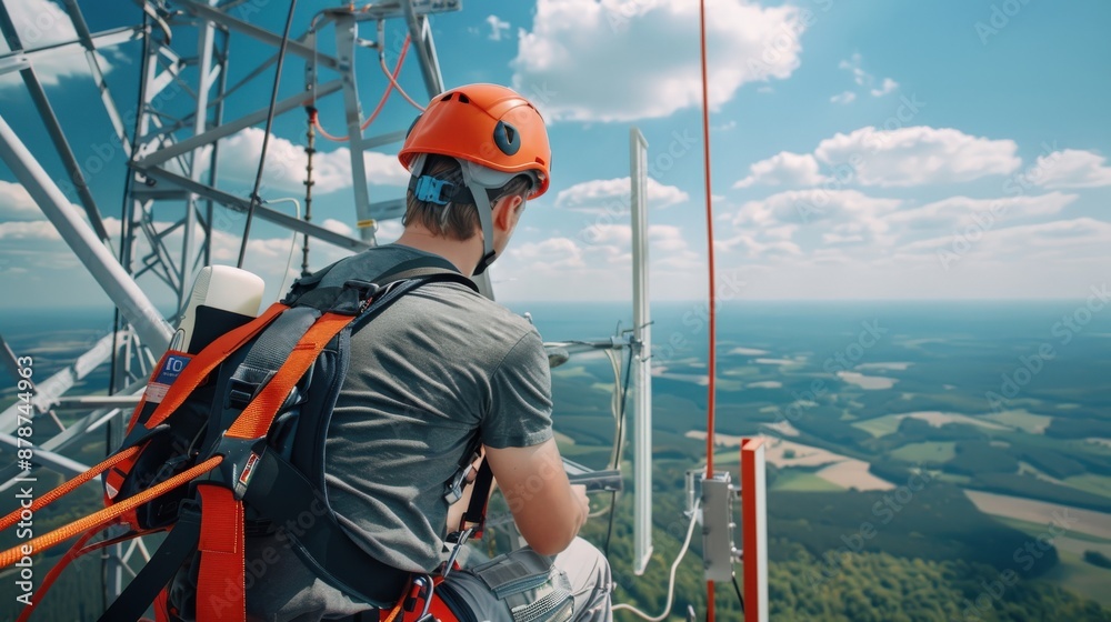 An electrician man in a hardhat is climbing a tall tower An electrician man in a hardhat is climbing a tall tower