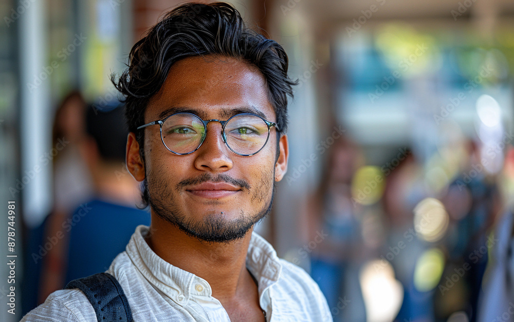 Fototapeta premium A man with glasses is smiling and looking at the camera. He is wearing a white shirt and a backpack