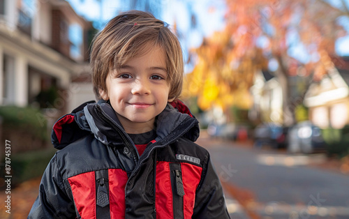 A young boy wearing a red and black jacket is smiling for the camera. The image has a warm and cheerful mood, as the boy appears to be enjoying himself