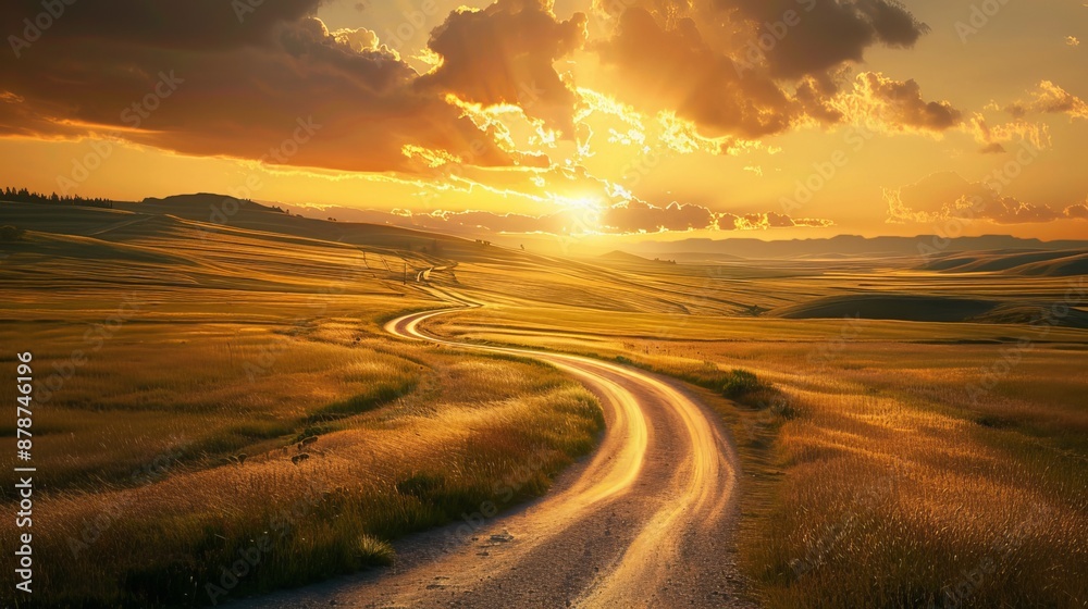 A winding road cuts through a grassy field, leading into the distance. The sky above is awash in the golden hues of sunset. A winding road cuts through a grassy field, leading into the distance. The sky above is awash in the golden hues of sunset.