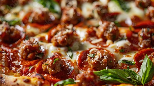 Tasty close up image of fresh classic pepperoni pizza recipe with sausage mozzarella parmesan and tomato sauce