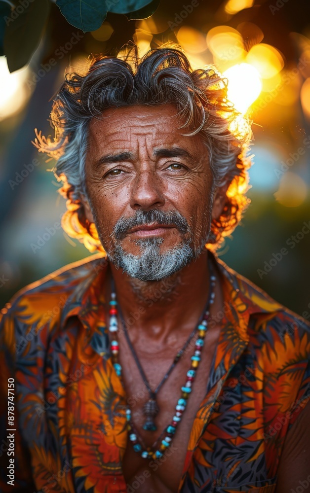A man with a beard and gray hair is wearing a colorful shirt and a necklace. He is smiling and looking at the camera