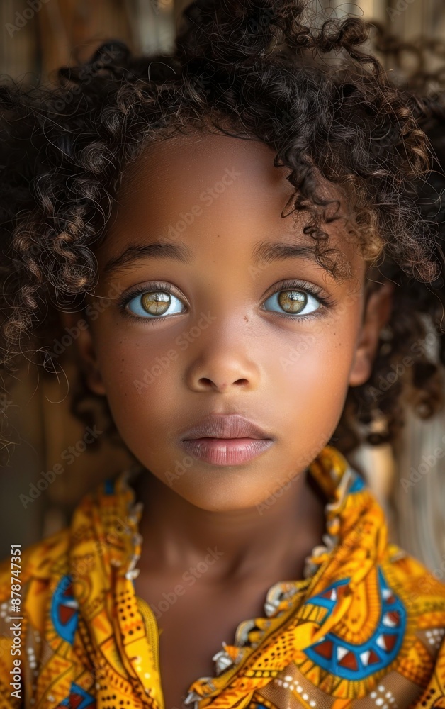 A young girl with brown hair and green eyes is wearing a yellow scarf. She has a bright and cheerful expression on her face