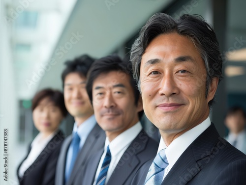 A group of businesspeople in suits are smiling for a photo. Scene is happy and professional