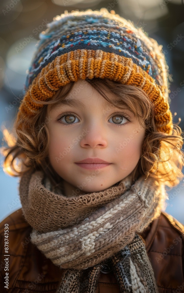 A young boy wearing a hat and scarf is smiling at the camera. The boy's hair is curly and he has a bright, happy expression on his face A young boy wearing a hat and scarf is smiling at the camera. The boy's hair is curly and he has a bright, happy expression on his face