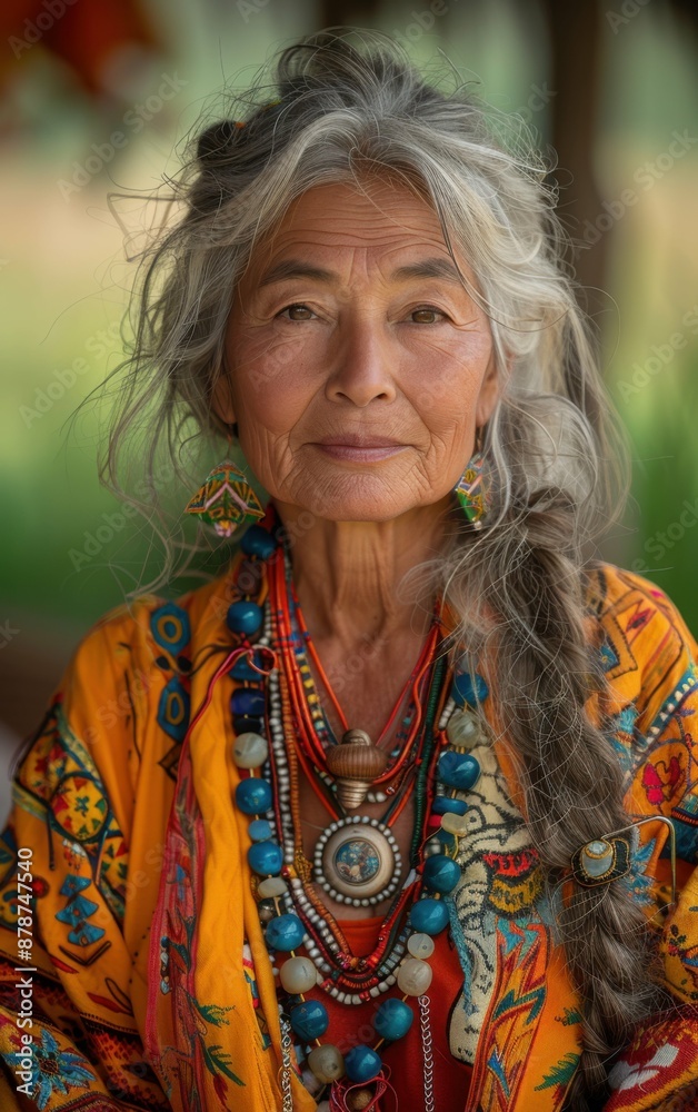 A woman with long hair and a colorful outfit is wearing a necklace with a blue pendant. She has a smile on her face and she is happy A woman with long hair and a colorful outfit is wearing a necklace with a blue pendant. She has a smile on her face and she is happy