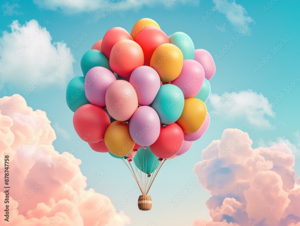 A colorful hot air balloon filled with balloons is floating in the sky A colorful hot air balloon filled with balloons is floating in the sky