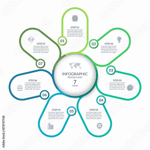 Infographic round chart with 7 steps, parts, options. Vector circle infographic concept. Cycle diagram with thin line icons.