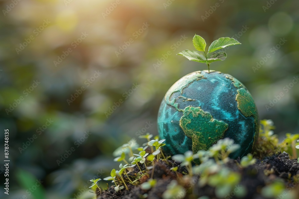 Earth globe with sprouting plant in soil for environmental conservation concept Earth globe with sprouting plant in soil for environmental conservation concept
