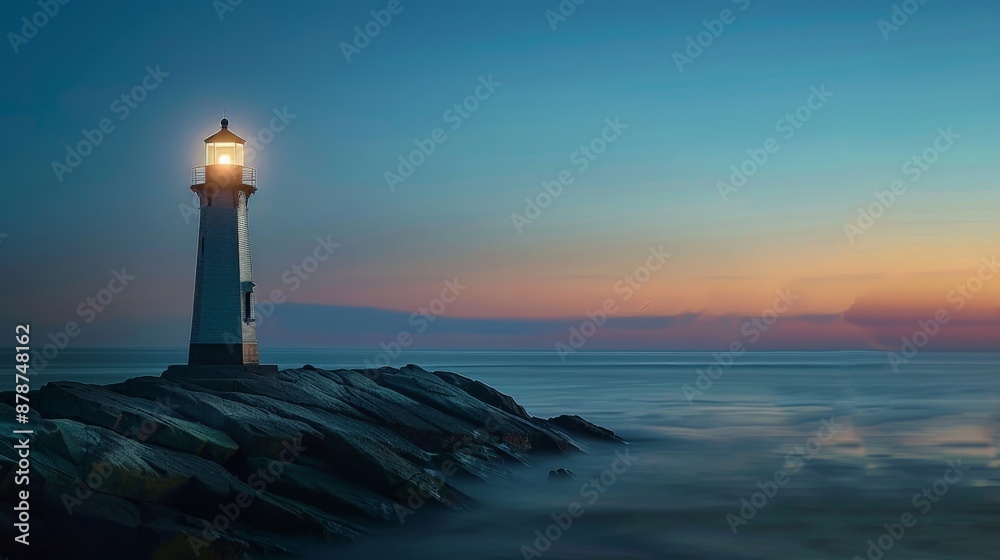 High-definition image of a lighthouse beacon shining brightly at dusk, positioned against a neutral background to showcase the guiding light and timeless charm of coastal navigation High-definition image of a lighthouse beacon shining brightly at dusk, positioned against a neutral background to showcase the guiding light and timeless charm of coastal navigation