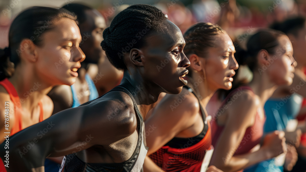 Photograph of mid-body to upper-body of runners of different ethnicities reaching the final stretch,generative ai Photograph of mid-body to upper-body of runners of different ethnicities reaching the final stretch,generative ai