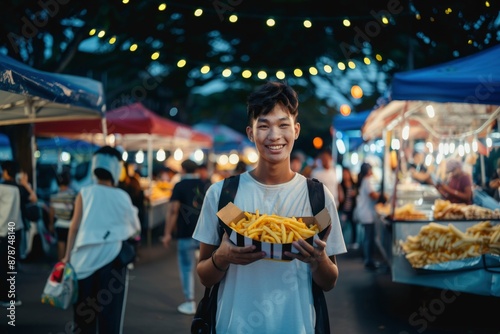 Asian man holding a box of french fries at a night market photo