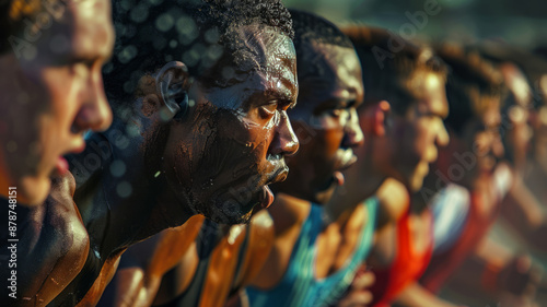 Photograph of mid-body to upper-body of runners of different ethnicities reaching the final stretch,generative ai © Pawina