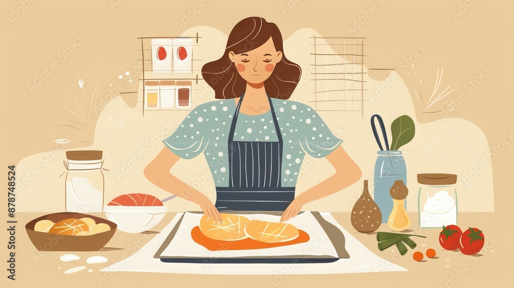 A woman is baking. She has parchment paper, a baking tray, and ingredients on a beige background. A woman is baking. She has parchment paper, a baking tray, and ingredients on a beige background.