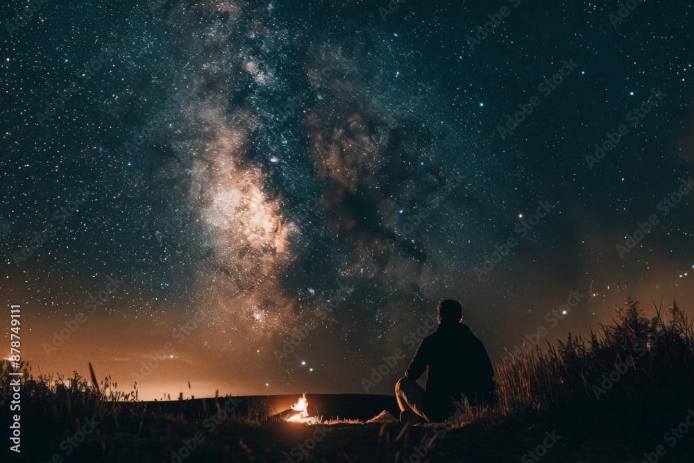 Person camping under the stars, with a simple background of a clear night sky and a small campfire Person camping under the stars, with a simple background of a clear night sky and a small campfire