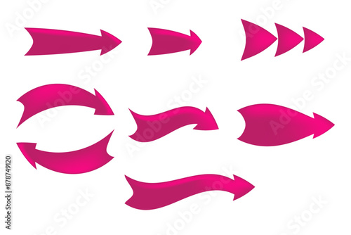 A set of pink 3D arrows of different shapes. As separate elements for pointers. Isolated design on white background. Can be used for web