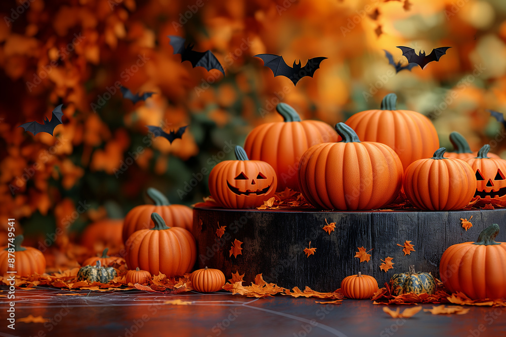 Fototapeta premium A table full of pumpkins with bats flying around them
