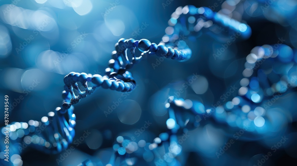Closeup of blue dna double helix model in focus against blurred background Closeup of blue dna double helix model in focus against blurred background