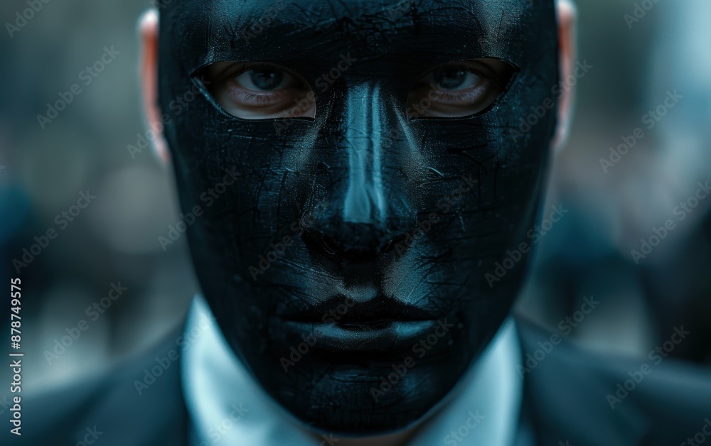 A man wearing a black mask with a white tie. The man is looking at the camera. The image has a dark and mysterious mood A man wearing a black mask with a white tie. The man is looking at the camera. The image has a dark and mysterious mood