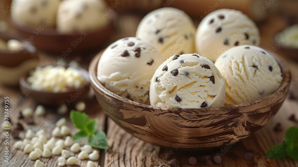 studio shot of chocolate chip ice cream balls in a ceramic bowl on a Sicilian rustic background with copy space, in a closeup. studio shot of chocolate chip ice cream balls in a ceramic bowl on a Sicilian rustic background with copy space, in a closeup.