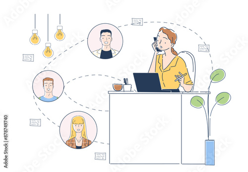 Operator helps clients. Woman with phone answers questions from young people. Hotline worker and employee. Business assistant and consultant. Linear vector illustration isolated on white background